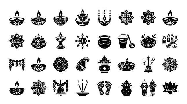Traditional Indian Diya Lamps, Rangoli Mandalas, Lotus Flowers and Puja Ritual Icons Black Vector Set