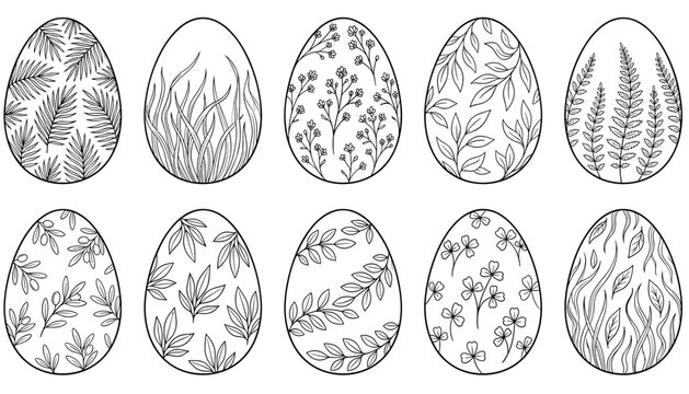 Easter egg line art vector icon set. Floral pattern, botanical leaf, wildflower, ornament, spring holiday decoration and coloring illustration.