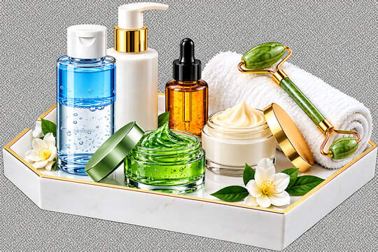 Skincare products with jade roller and cream on tray isolated on transparent background