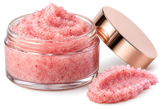 Pink sugar scrub jar with rose gold lid isolated on transparent background