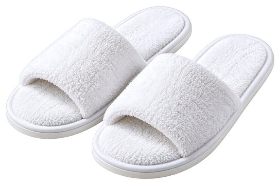 Plush white spa slippers isolated on transparent background for hotel and home use