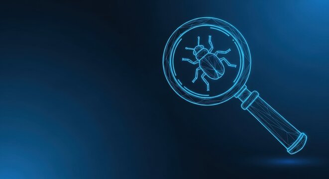 Digital bug examined under a magnifying glass, representing software analysis and cybersecurity