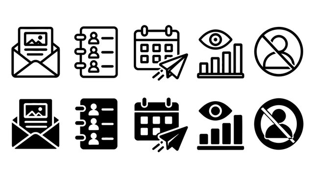 Email Marketing paired outline and solid icon set featuring email, marketing, content, contacts, calendar, analytics, unsubscribe, business, finance and management symbols