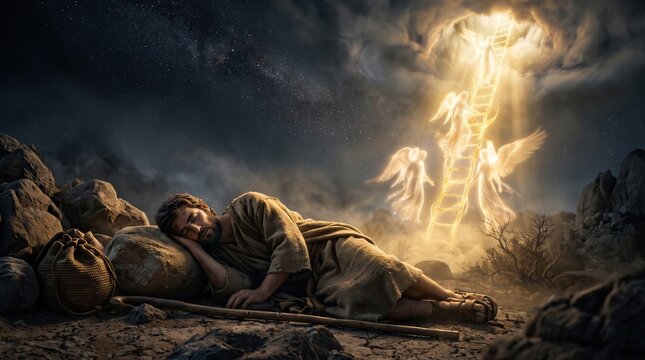 Biblical scene of Genesis 28, Jacob dreaming of a glowing ladder to heaven with angels in the night wilderness
