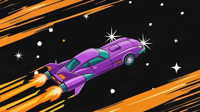 2D animated retro purple space car rocket flying through starry deep space with glowing orange fire engine exhaust trails in a vintage comic book cartoon illustration style with dynamic motion.
