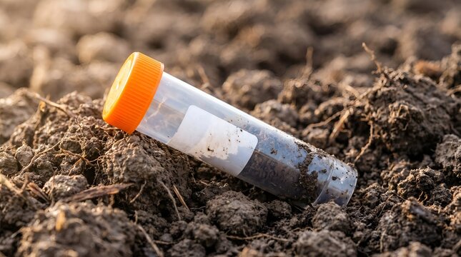Plastic test tube with orange cap filled with dark soil resting on cultivated agricultural ground outdoors