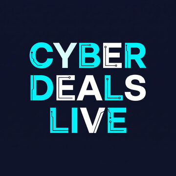 Cyber deals live text graphic on a dark blue background for online shopping promotions