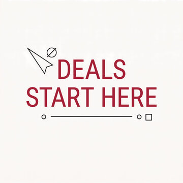Deals start here graphic with a paper airplane and minimalist design elements