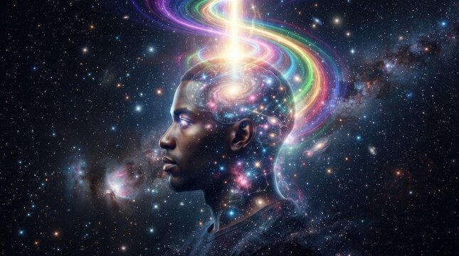 A dark-skinned man&rsquo;s profile is overlaid with a vibrant, swirling nebula of rainbow colors, suggesting a connection to the cosmos.