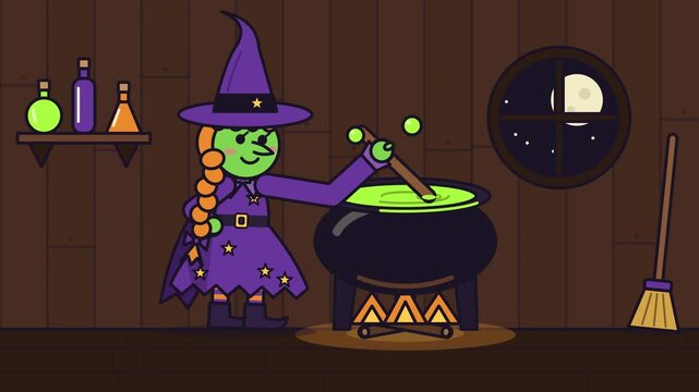 Friendly green witch stirring bubbling potion in cauldron, flat 2D