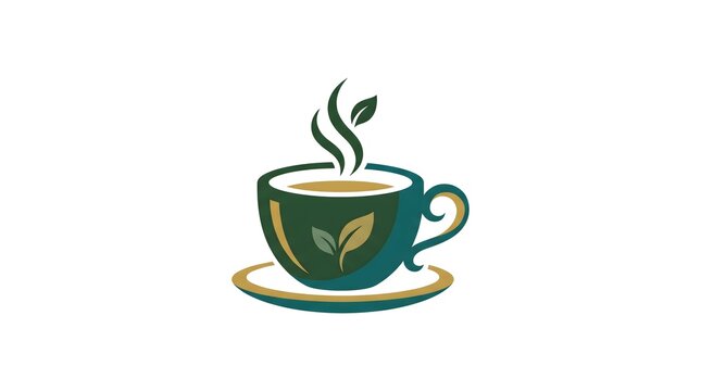 A minimalist vector logo illustration of a hot green tea or herbal tea cup with rising steam and decorative organic leaves, isolated on a white background