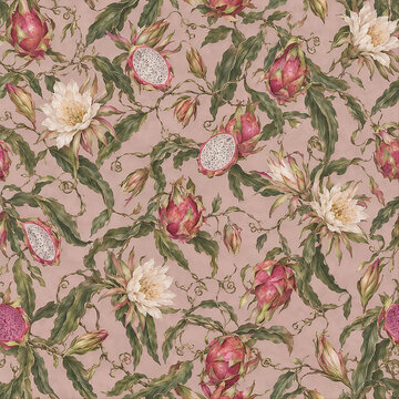 Light Pink Background, Floral Concept, Botanical Background, Seamless Botanical Print, Green Leaves, White Flowers, Pink Sliced Dragon Fruit, Intertwined Vines, AI-Generated 