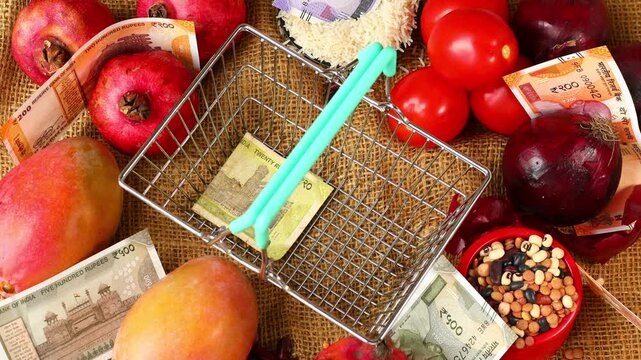 Inflation in India. A financial and business concept. Rising food costs. A shopping basket containing basic food staples, high prices, and a hand placing crumpled Indian rupees into the basket.
