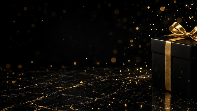 Black Gift Box with Gold Ribbon on Dark Bokeh
