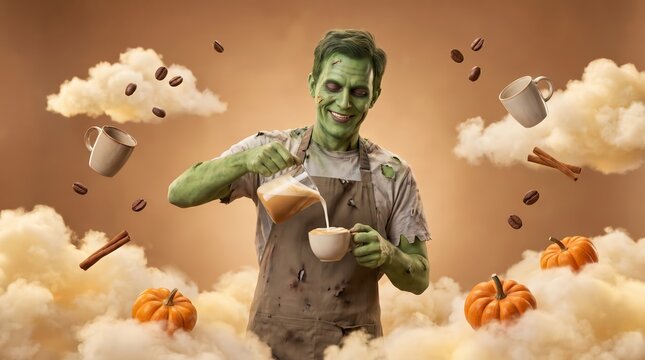 Friendly green zombie barista pouring pumpkin spice latte among floating coffee beans, cinnamon and pumpkins, funny coffee shop promo