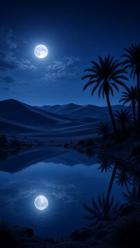 Desert Oasis Palms Under Bright Moon Vertical