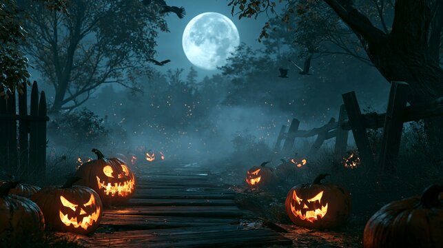 Halloween Holiday Theme. a pathway lined with carved pumpkins illuminated by the moonlight. The pumpkins are intricately carved with detailed facial features, including eyes, noses, and mouths.