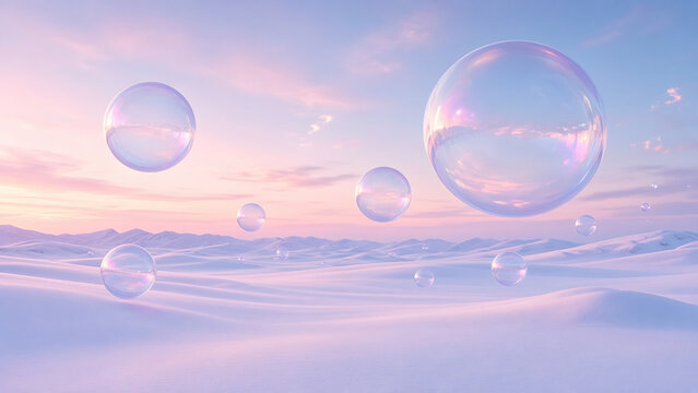 Giant Iridescent Bubbles Floating Over Snowy Plain