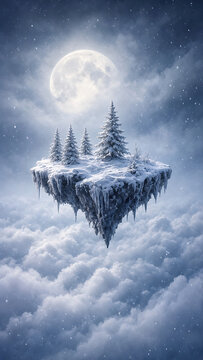 Floating Snowy Island with Pines Above Clouds