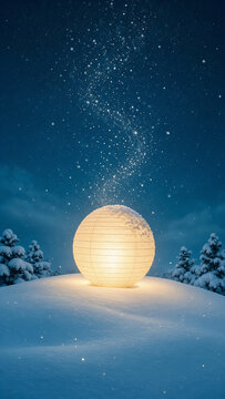 Glowing Lantern Orb on Snowy Hill Under Stars