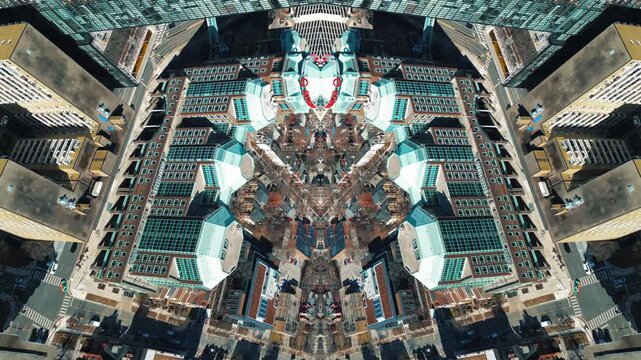 mirrored fractal cityscape skyline with symmetrical skyscraper geometry, abstract urban city architecture pattern with futuristic kaleidoscope reflection effect, technology background 4k vj loop