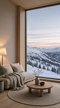 Scandinavian Cabin Lounge with Mountain View Window
