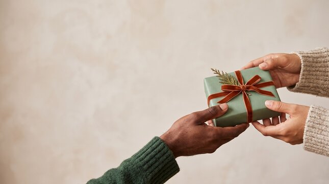 Hands exchanging a wrapped gift with a red ribbon and a sprig of pine, symbolizing generosity and holiday spirit. The subtle texture of the background adds warmth and elegance to the scene