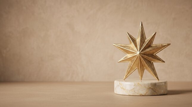 A golden star award placed on a marble stand, symbolizing excellence and achievement. The background is a soft, textured neutral color, creating an elegant and sophisticated presentation.