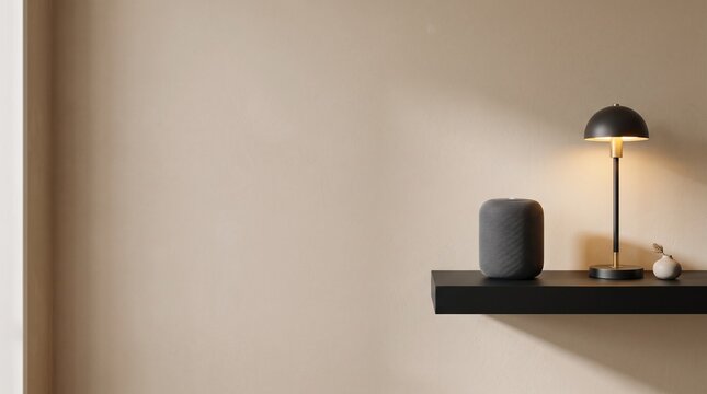 A modern smart speaker and a minimalist desk lamp placed on a dark shelf against a neutral wall