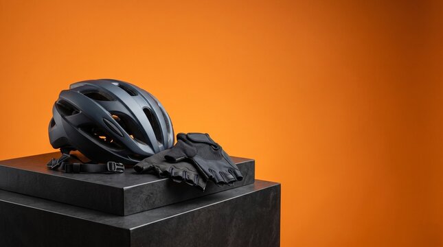 A black cycling helmet and pair of gloves resting on a dark stone display, against a vibrant orange background