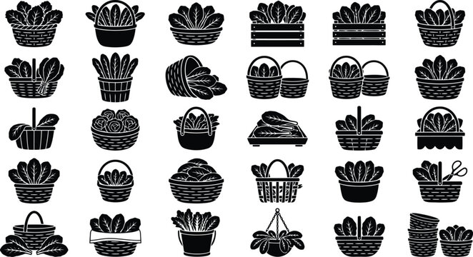 Baskets Collection: A versatile array of illustrated baskets, each showcasing unique designs and textures, perfect for conveying themes of nature, crafts, and storage.