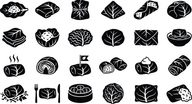 Assorted Cabbage Dishes: A collection of 25 black and white icons showcasing various prepared cabbage dishes, from simple leaves to elaborate rolls and dumplings.