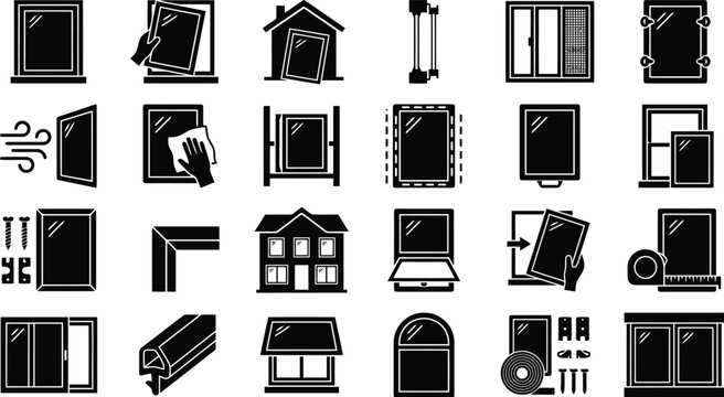 Window Installation and Parts: A collection of stylized black icons illustrating various types of windows, installation processes, and related components.