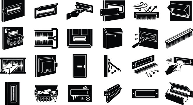Mail Slot and Letterbox Collection: A graphic collection of diverse mail slots, letterboxes, and mail-related accessories, presented in a clear, illustrative style.