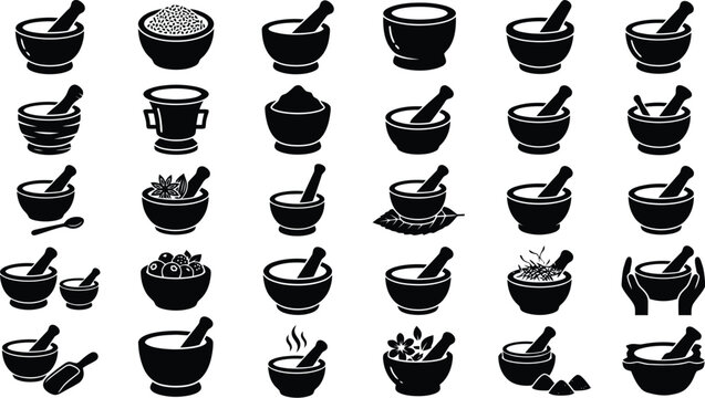 Mortar and Pestle Collection: A diverse array of mortar and pestle illustrations in silhouette, showcasing various sizes and styles used for grinding ingredients.