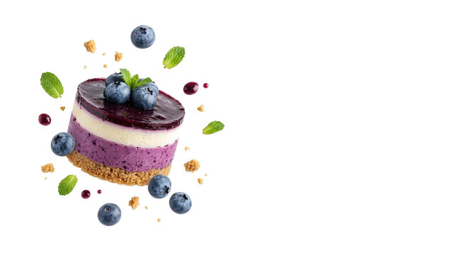 Layered blueberry cheesecake dessert with floating blueberries, mint leaves and biscuit crumbs on white, with copy space.