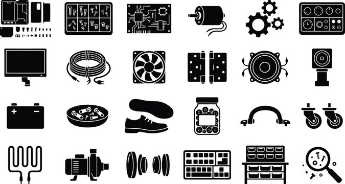Electronic Components Collection: A comprehensive collection of diverse electronic components and mechanical parts, presented in a clean, stylized graphic style.