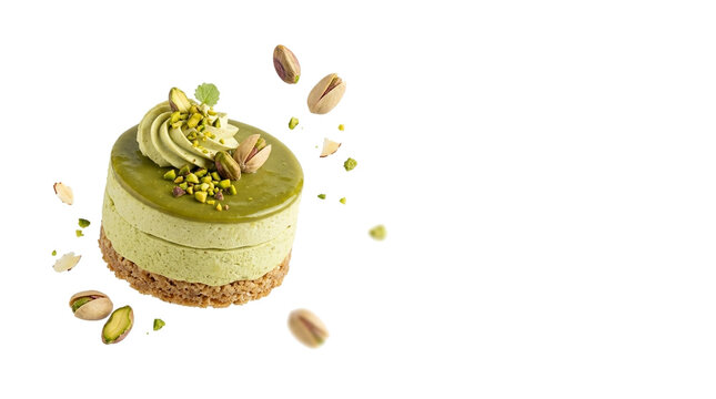 Pistachio mousse cake with green glaze and cream swirl, surrounded by floating pistachio nuts, with copy space.