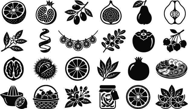 Harvest Assortment Icon Set: A graphic collection of black and white icons showcasing a variety of fruits, nuts, and berries, including pomegranates, figs, olives, and citrus.