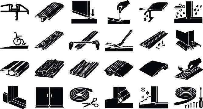 Collection of Building Profiles and Accessories: A collage of black and white icons illustrating various metal profiles, seals, and installation methods for construction and architectural purposes.