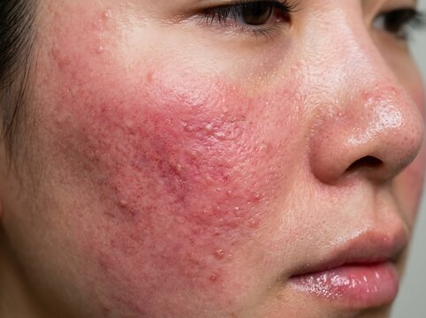 Close up view of irritated woman skin with red vascular congestion, dilated capillaries, and sensitive rash