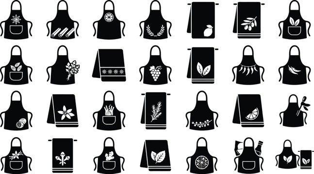 Collection of Kitchen Aprons and Towels: A diverse array of illustrated kitchen aprons and towels featuring various designs and patterns, perfect for culinary enthusiasts and home cooks.