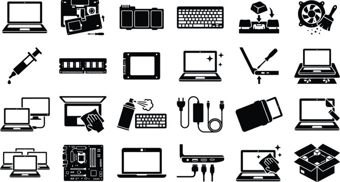 Computer Hardware Icons: A collection of black and white vector icons representing various computer hardware components and accessories, ideal for tech-related design projects.