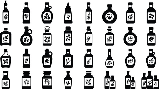 Various bottles with herbs and plants silhouettes: A collection of black and white icons representing different types of bottles, showcasing silhouettes of herbs, olives, and other plants.
