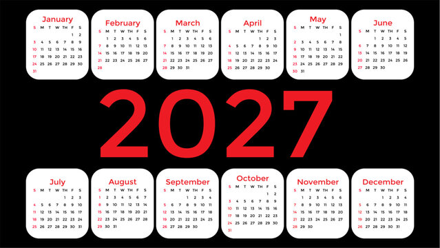 2027 calendar in red on a black background.  A clean and modern 2027 calendar design featuring a well-organized annual layout with clear dates and a minimalist style. Perfect for planners, schedules, 