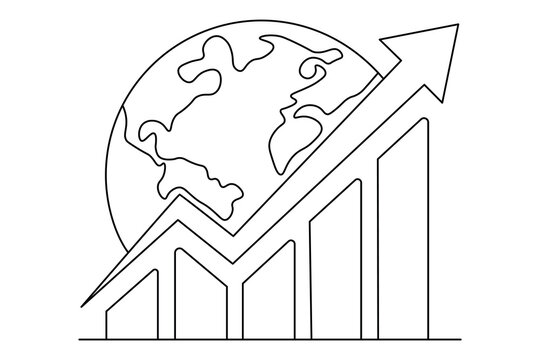 Growth chart line art  illustration with globe and rising arrow bar graph featuring editable stroke
