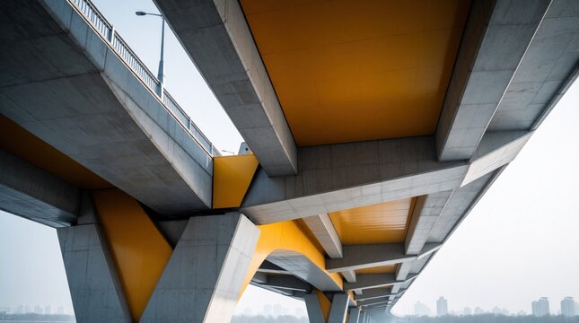 Low angle view of modern concrete bridge structure with bright yellow accents. Abstract geometric shapes, industrial design pattern create perspective. Large grey pillars support highway underbelly