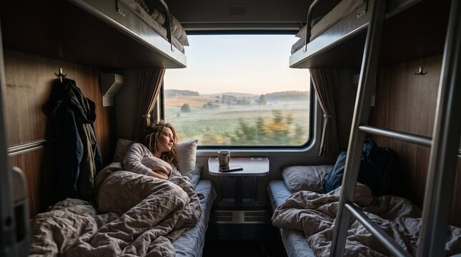 Woman resting in a bunk bed on a train at sunrise