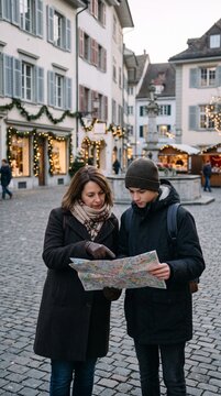 Two people looking at a map in a European town square during winter