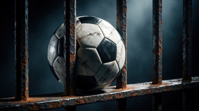Soccer ball trapped behind rusty metal prison bars. Dark cinematic lighting on worn ball inside cage. Concept for sports corruption, banned athlete, illegal gambling, football scandal. Symbol of